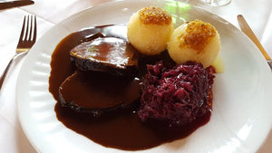 German Pork Pot Roast in a beer gravy with potato dumplings and red cabbage (naturally free of Gluten!)
