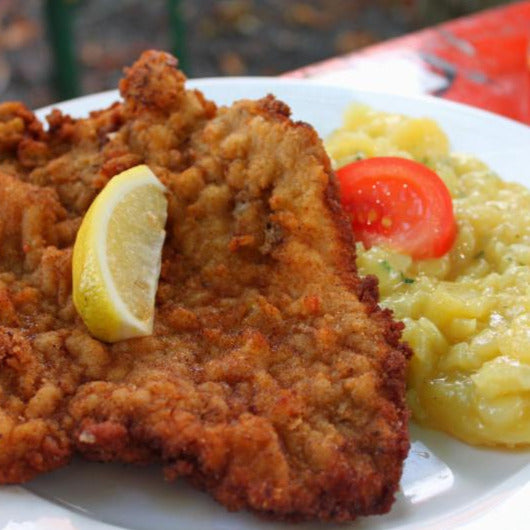 Schnitzel with Warm German Potato Salad -Gluten Free IS available-this is the PORK OPTION we have a meat free Lent Option too